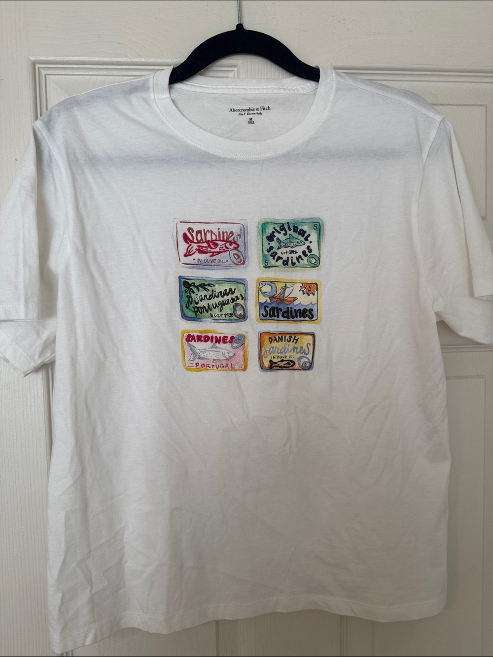 Abercrombie & Fitch White Graphic Sardine Can Patch Tee